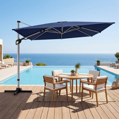 Parasol carré bleu marine de 11 pi avec base, réglage de l'inclinaison et rotation de la pédale à 360 °