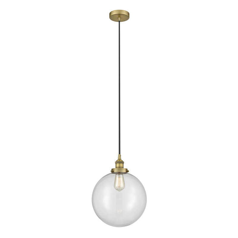 Luminaire suspendu simple à 1 lumière Frederick, H 15,5 po x l 12 po x P 12 po, Transparent, Laiton brossé