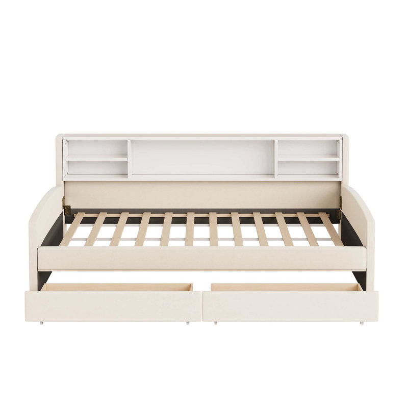 Lit plateforme simple tapissier avec rangement et tiroirs, Beige