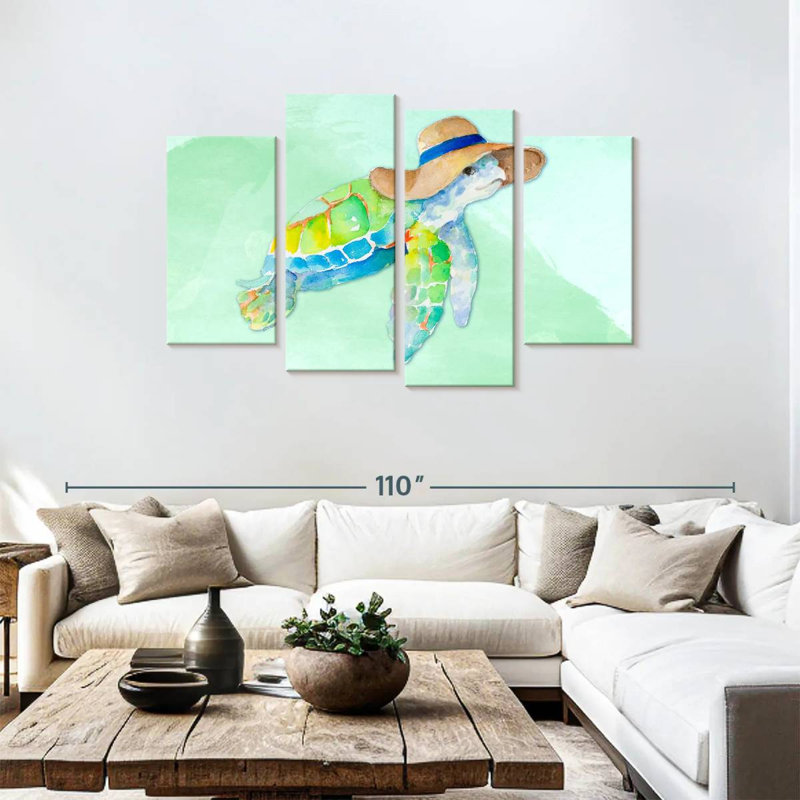 Brampt Turtle With Hat On Watercolor Blue, 48" H x 75" W