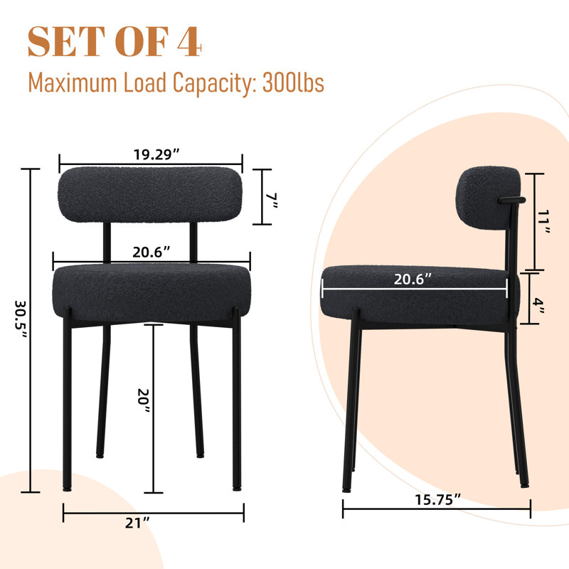 Boucle Dining Chairs Set of 4, Upholstered Dining Chairs with Black Metal Legs, Modern Dining Chair, Black
