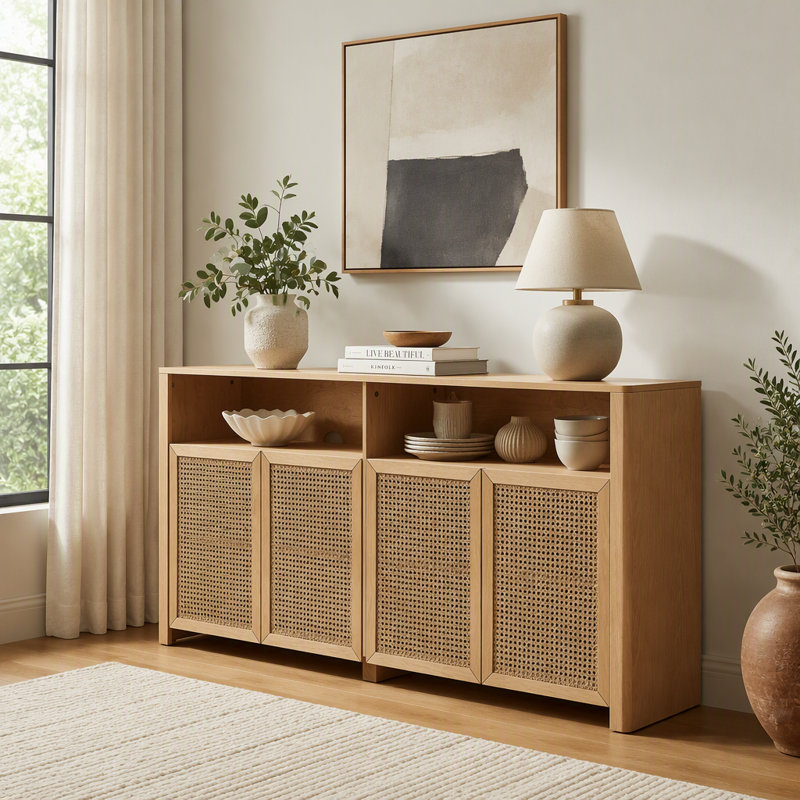Buffet Mid-Century en rotin de style Mid-Century, Naturel