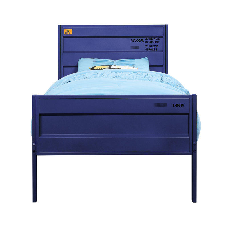 Lit double avec finition cargaison bleue, structure en métal, pieds droits, profondeur de 79 po, largeur de 56 po, cadre de finition de 44 po de hauteur, style de contenant, 21 lattes, sans sommier, long