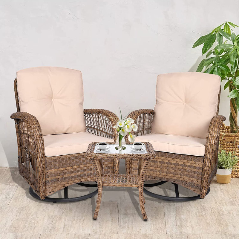 Ensemble de conversation pour 2 personnes avec coussins Enochs, Beige, Rotin brun clair