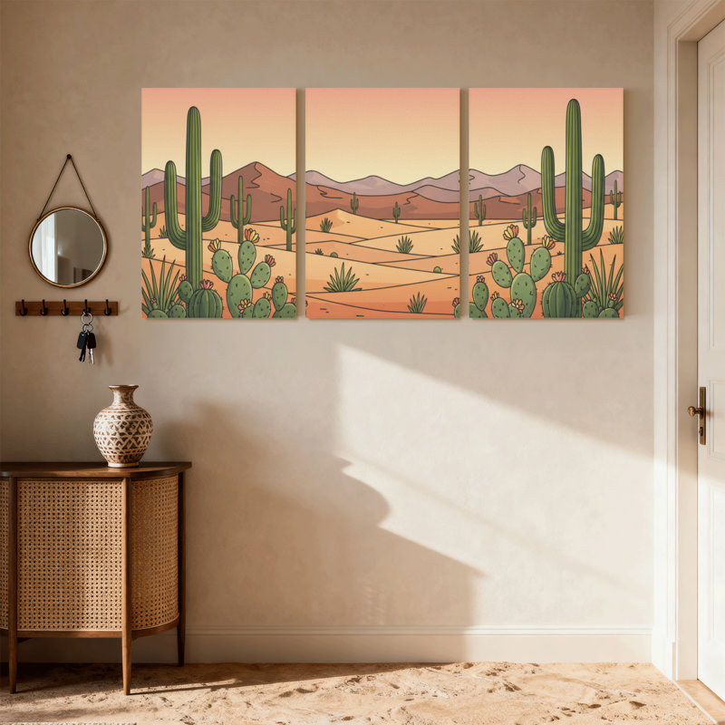 Paysage et nature, paysage désertique avec cactus et montagnes, ensemble de 3 impressions sur toile, H 18 po x l 36 po