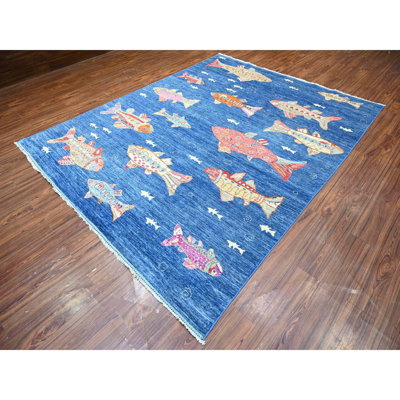 8'x10' Grotto Blue Hand Knotted Peshawar Oceanic Fish Design Wool Rug 82DECB56763C4F3FB381E1547F929010