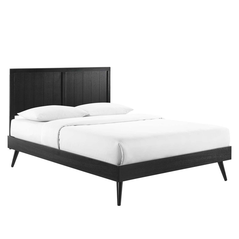 Mid-Century Walnut Queen Platform Bed with Wood Slat Support