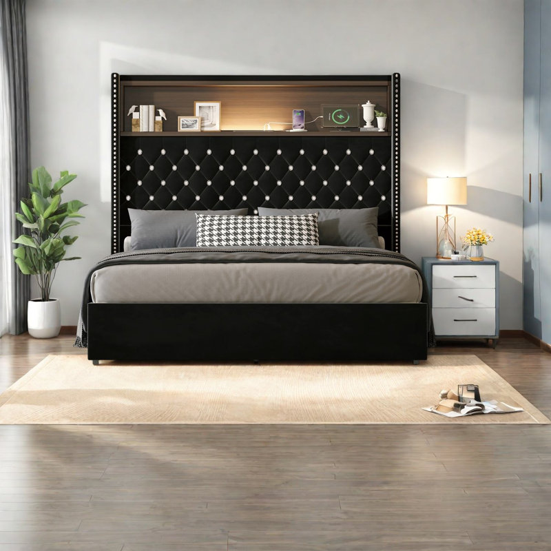 Lit luxueux en velours avec USB, rangement et veilleuse - noir moderne