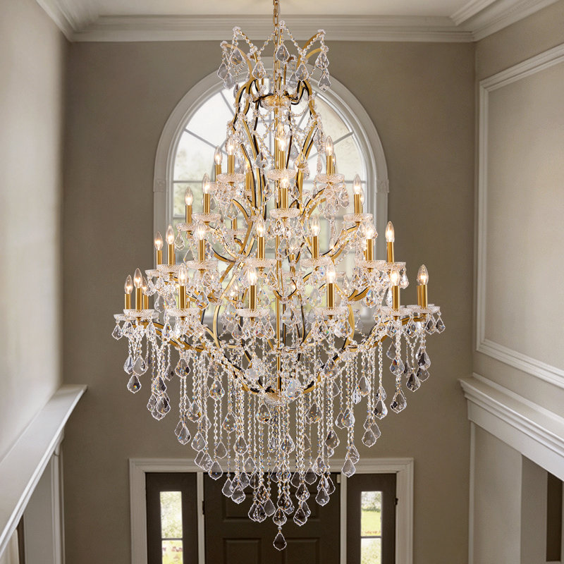 42-Light Crystal Dimmable Chandelier for High Ceilings, Antique Brass