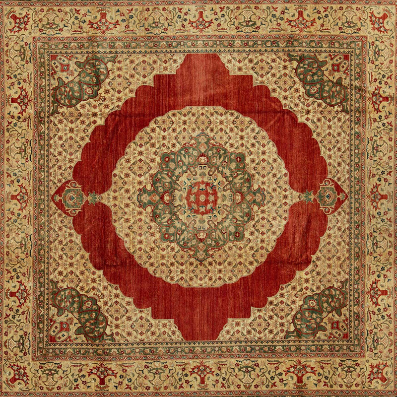Tapis carré rouille et beige de haute qualité noué à la main