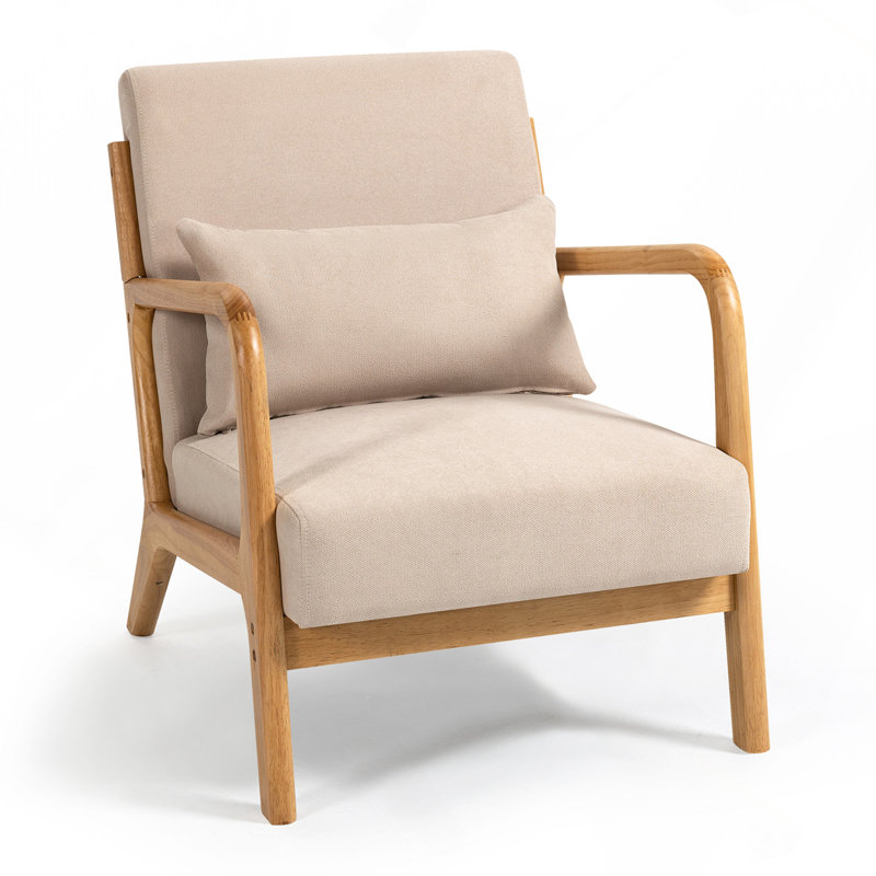 Chaise de loisir avec accoudoirs et pieds en bois massif, canapé d'appoint Mid-Century moderne, 1 siège, Beige
