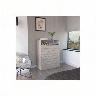 Commode 4 tiroirs Pérou, plateau supérieur, 1 tablette ouverte - gris clair / blanc