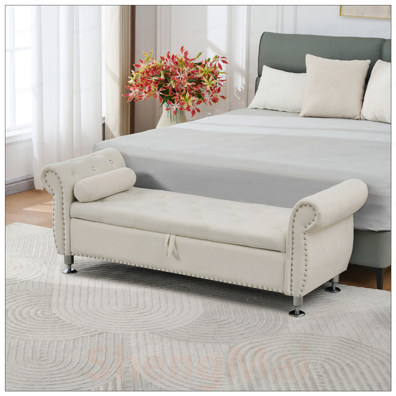 Banc de rangement en velours doux avec boutons en cristal et 1 coussin, parfait pour l'organisation de la chambre à coucher et du salon
