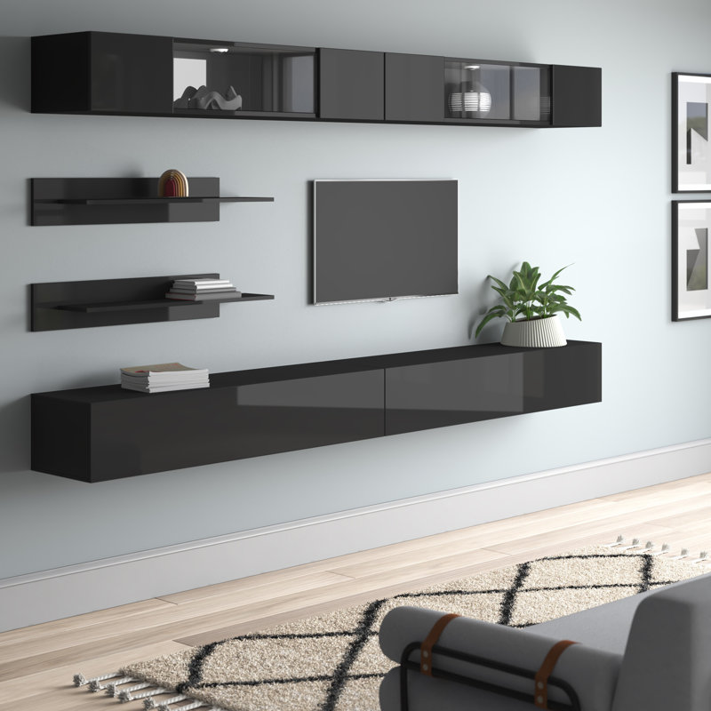 Chanera 126" Modern Floating Wall Mounted Entertainment Center with 16-Color LED Lighting, High Gloss Finish, Black