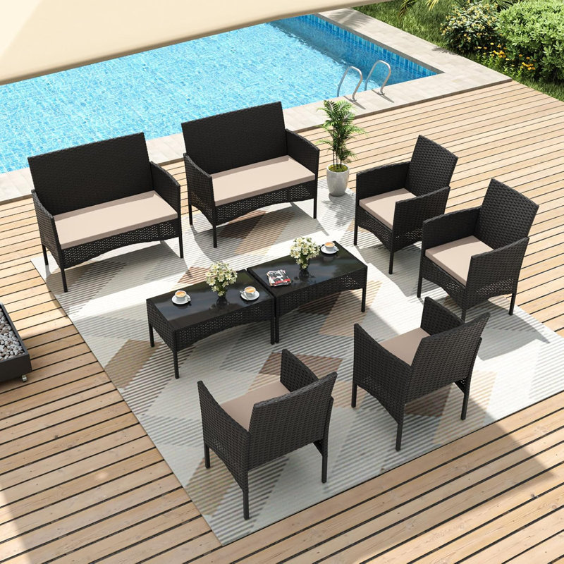 Ensemble de conversation modulaire en osier 8 pièces avec causeuses, fauteuils et tables 8 pièces, Tanné