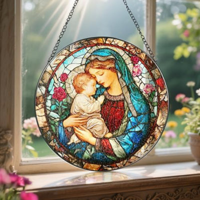 Attrape-verre en verre coloré de 8 pouces Vierge Marie, vitrail suspendu, décor de fenêtre suspendu Christian, Suncatchers pour porte de fenêtre Home Decor et Noël, cadeau chrétien, cadeau