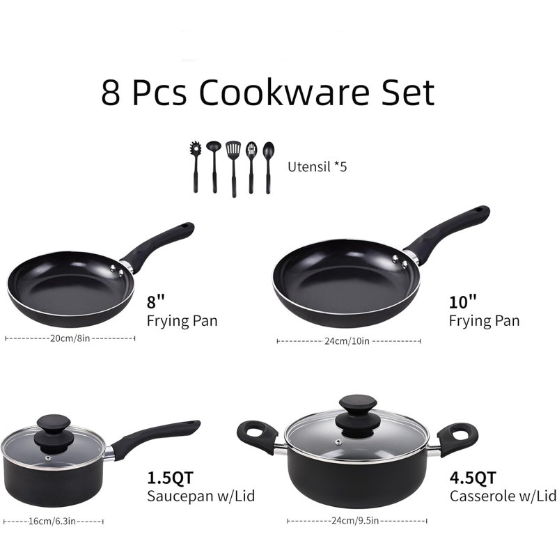 Batterie de cuisine antiadhésive en céramique 8 pièces - Casseroles et poêles sans couvercle