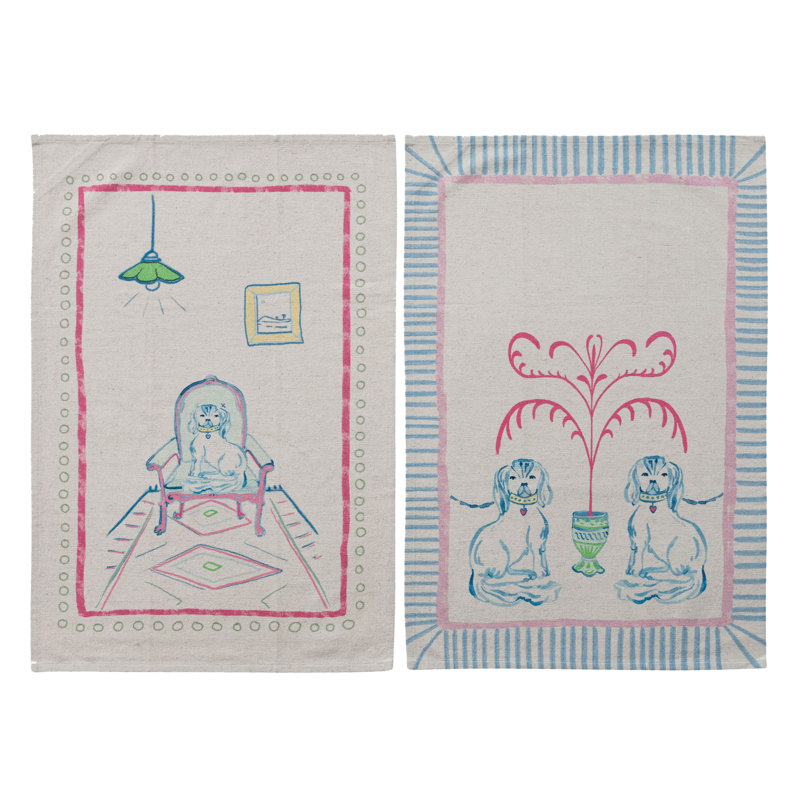 Ensemble de 2 torchons en coton et lin avec scène de chien 2 pièces