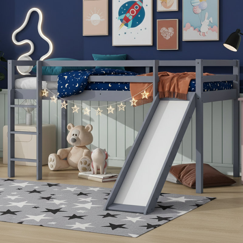 Twin Low Loft Bed With Slide, Ladder, Guardrails, Grey, Twin, Gray