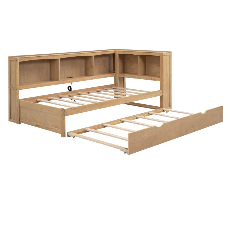 Twin Size Daybed with Trundle, Storage Cabinets & USB Ports – Solid Wood Bedroom Furniture, Wood Color, Wood Color