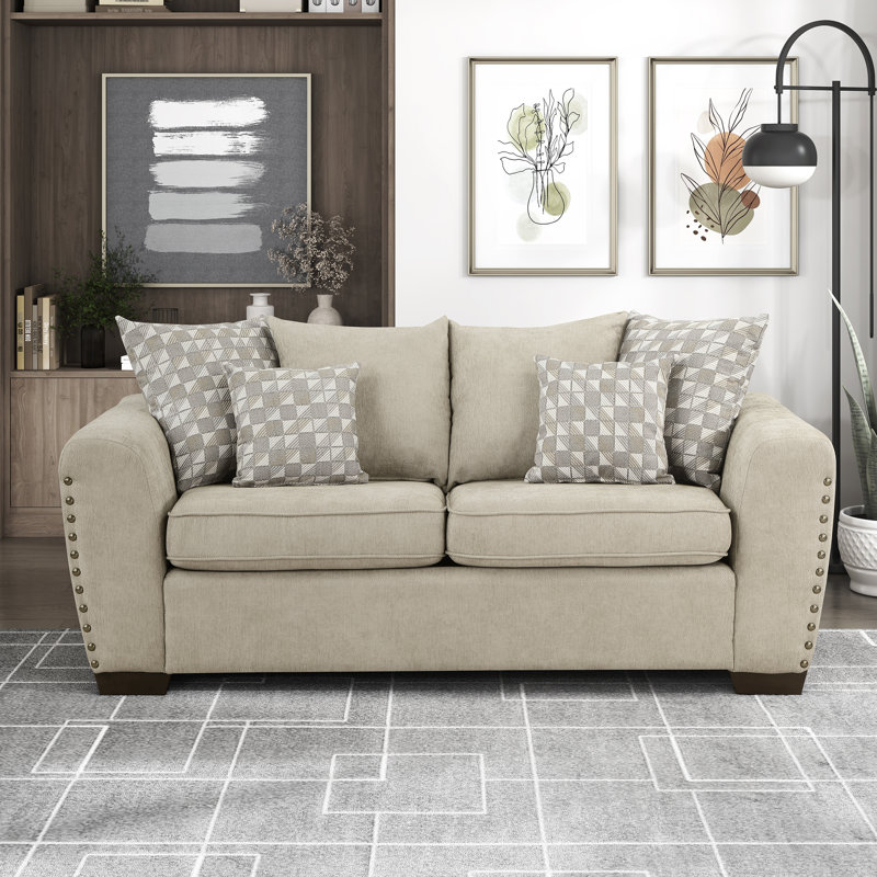 Causeuse en chenille moderne et contemporaine de 70 po Langara avec garniture cloutée élégante, coussins inclus