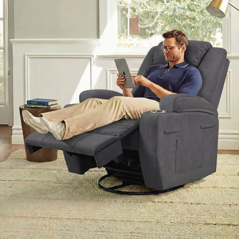 Reclining  Massage Chair with Swivel and Rocking Function, Gray Canvas