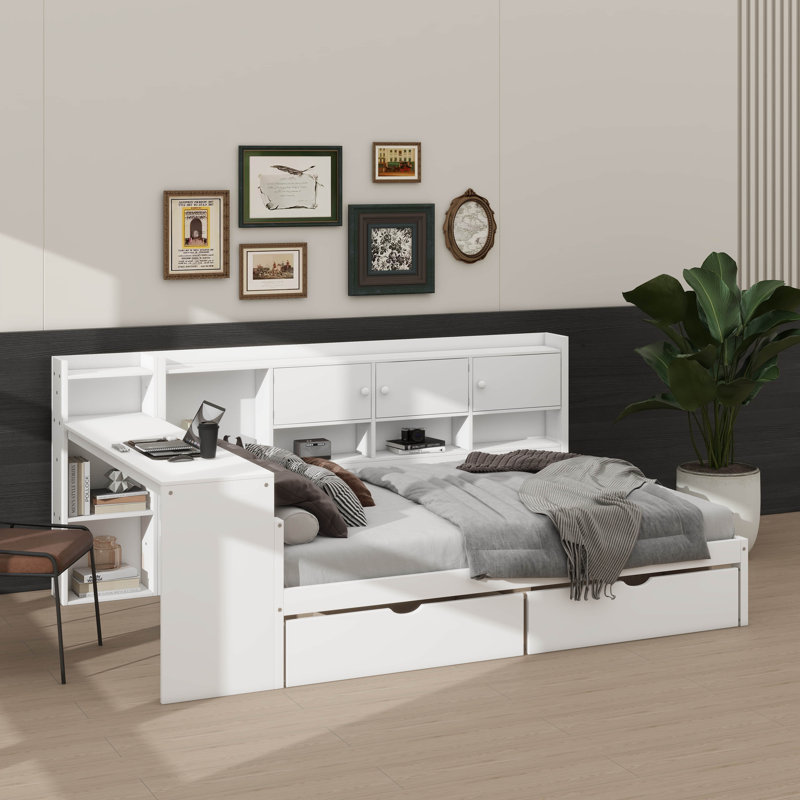 Full-Size Wooden L-Shaped Daybed With Seven Storage Spaces And Two Drawers, Multi-Functional Bed With Built-In Study Desk And Bookshelf