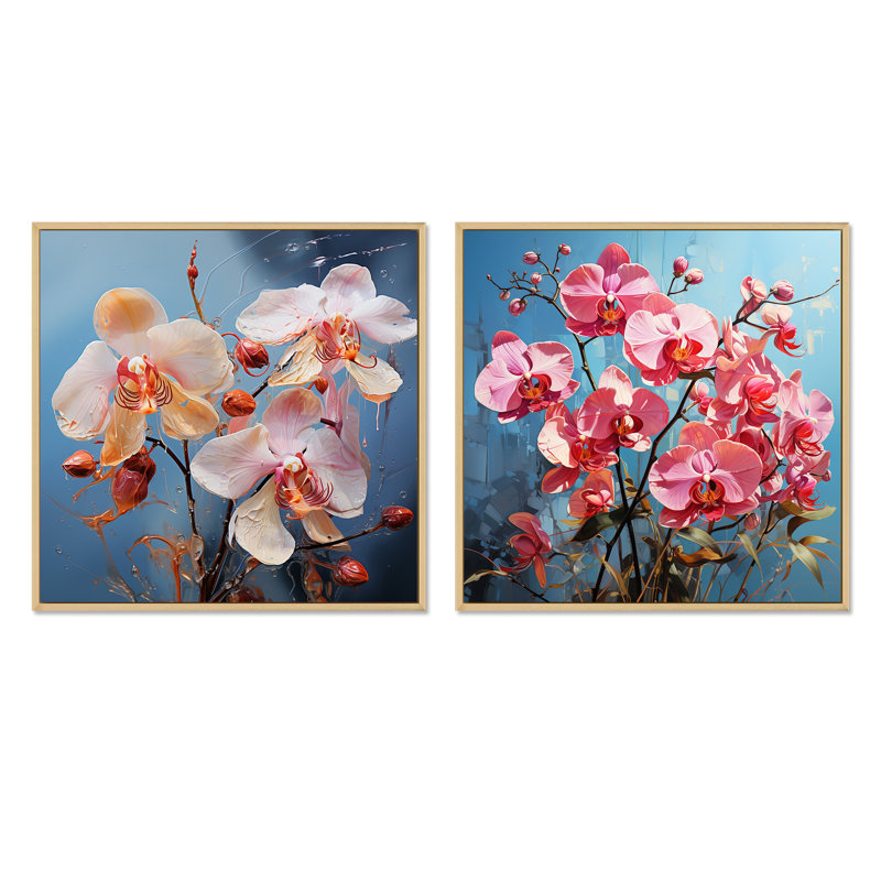 Orchidées bleues abstraites Euphoria IV - ensemble de 2 orchidées carrées, Cadre flottant brun, H 30 po x l 61 po