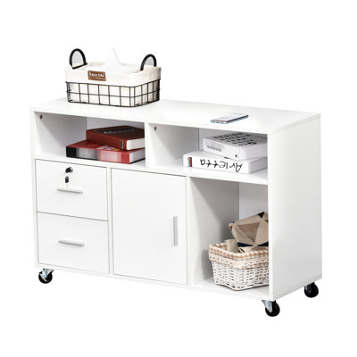 Home Office Storage Cabinet - White Printer Stand With Caster Wheels, 2 Locking Breaks, Drawer, And Room For Supplies Pens Mobile 3 Shelves Storing No by Latitude Run
