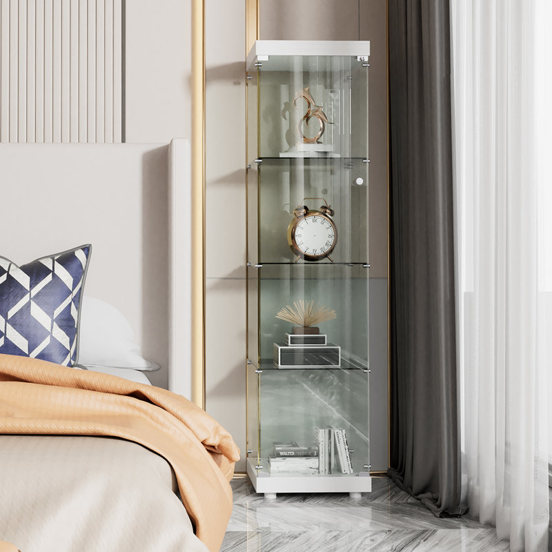 Jillion 4-Tier Glass Display Cabinet with Lockable Door, White