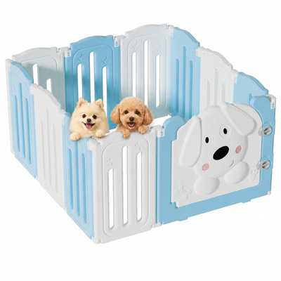 Enclos pliable pour chiots à l'intérieur avec une jolie porte à motif de chien | 25,5 "H 12 panneaux de forme réglable pour clôture de chien pour petits / moyens chiens, épaissis, faciles à ranger, blanc et bleu