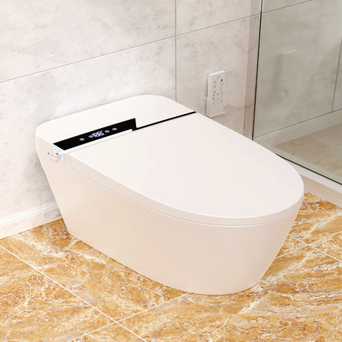 Modern white smart toilet with a digital display panel on the tank lid, featuring a side control knob and a wall-mounted remote control, installed in a bathroom with tiled walls and flooring.