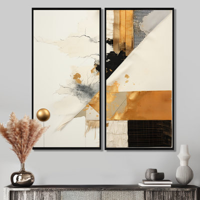 Collage abstrait gris et doré VI - Collages abstraits, 2 pièces