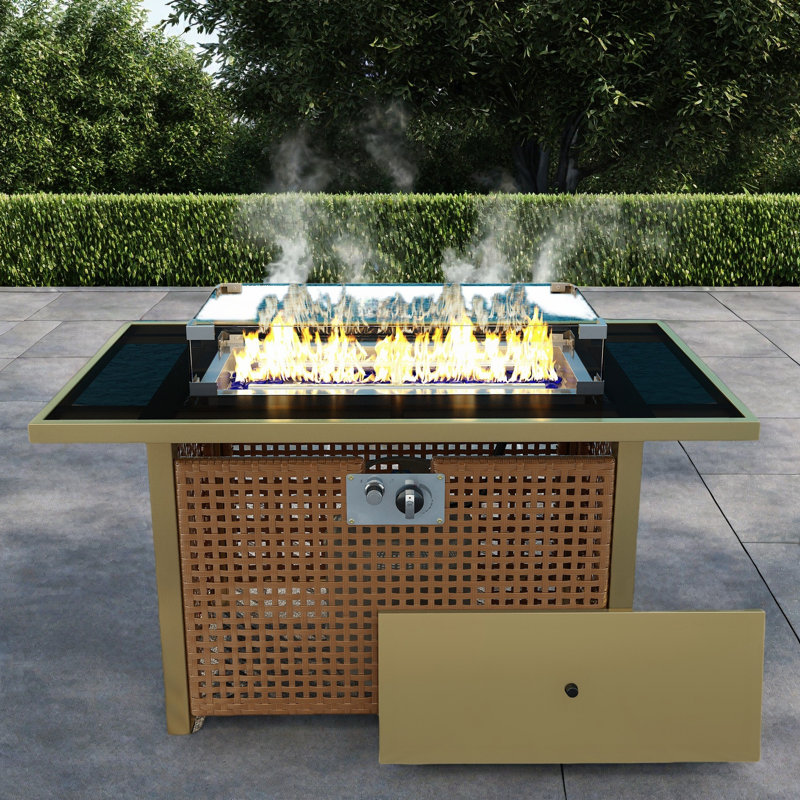 Foyer de table au propane avec pare-vent en verre et osier à motif de panier ouvert, Jaune orange