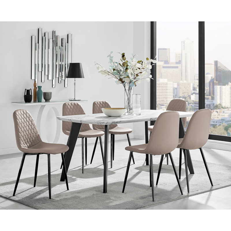 Anders Modern High Gloss Marble Effect Dining Table Set with 6 Luxury Faux Leather Dining Chairs, Cappuccino/Black, Black