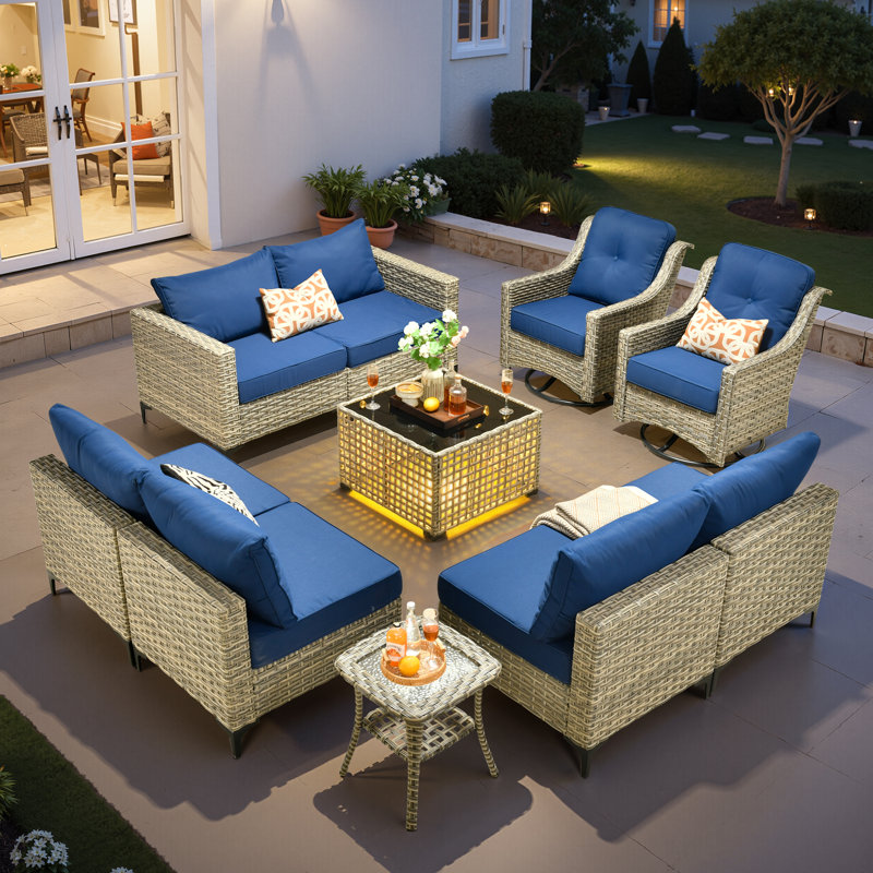 Emroy 8 - Person Wicker/Rattan Sectional Seating Group with Lighted Coffee Table and Swivel Chairs, All Weather Modular Outdoor Conversation Set with Cushions