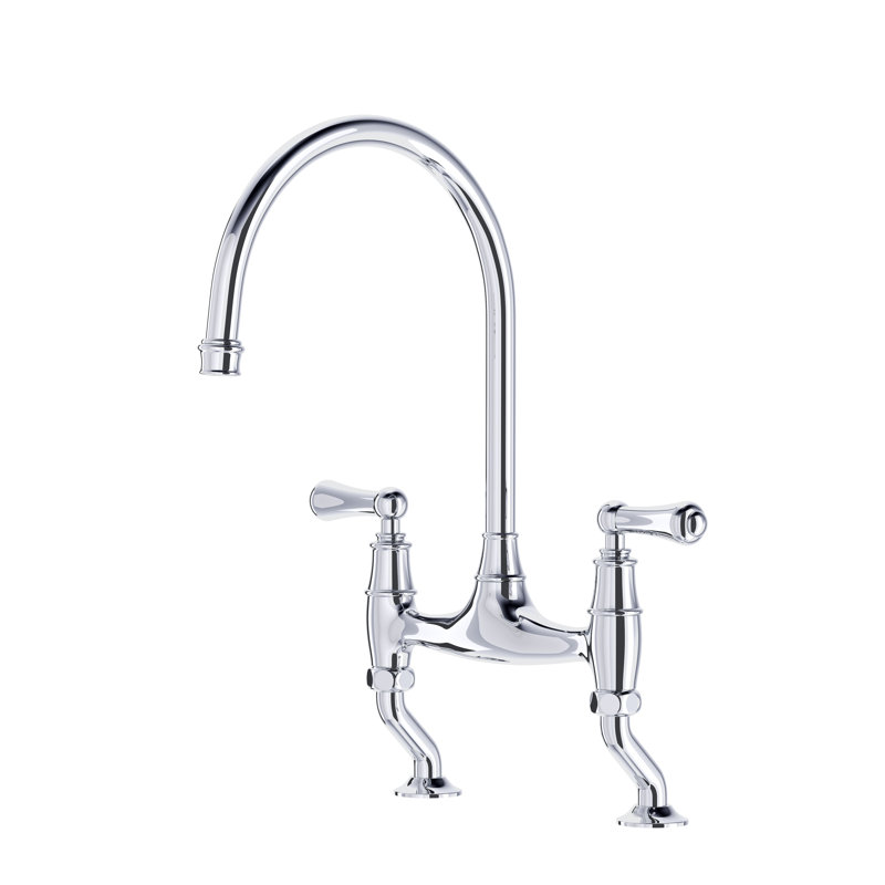 Georgian Era Bridge Kitchen Faucet with Curved Deck Unions, Polished Chrome