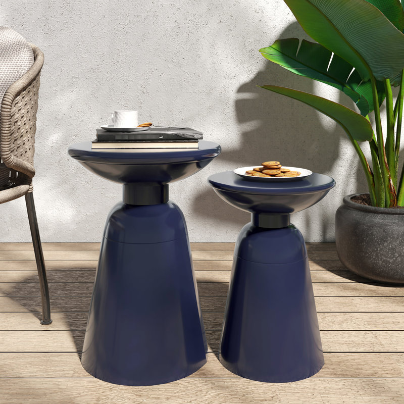 Navy Blue Metal S/2 End Table , Modern Style With Powder-coated Iron Frame And Pedestal Structure, 15x15x20.23" & 12x12x17.25", Assembly Required In Blue, Design Framework, 15.22"x15.22"x20.23"