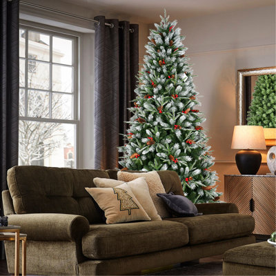 9ft Christmas Tree With 3750 Tips, Red Berries & Pine Ornament, Snow - Tipped Pe+ Branches, Quick And Easy Hinged Setup, Strong Metal Stand For Stability Boasting Adorned A Warm Festive Feel, Branch