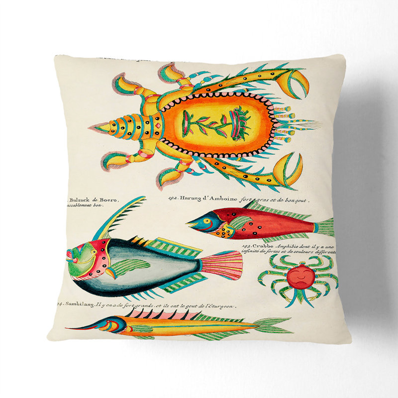 East Indies Fish & Crab Illustrations XLVI Square Throw Cushion, 55cm H x 55cm W x 20cm D, Black