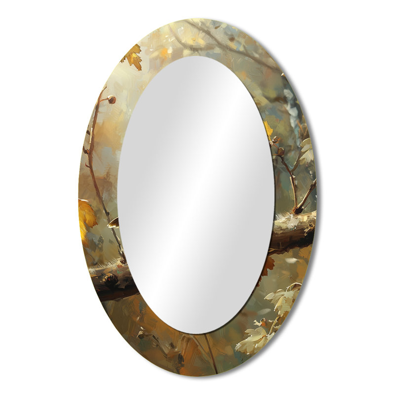 Cute Bird Sparrow On A Fallen Branch - Eclectic Oval Wall Mirror, 36" x 24"