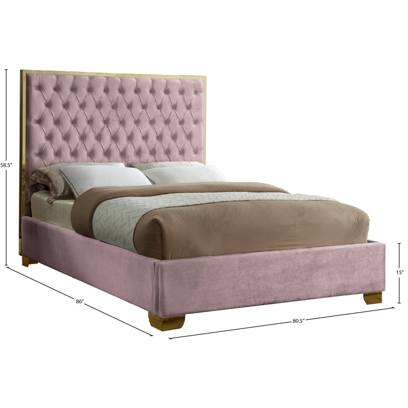 Spadaro Upholstered Platform Bed, King, Pink Velvet, Gold