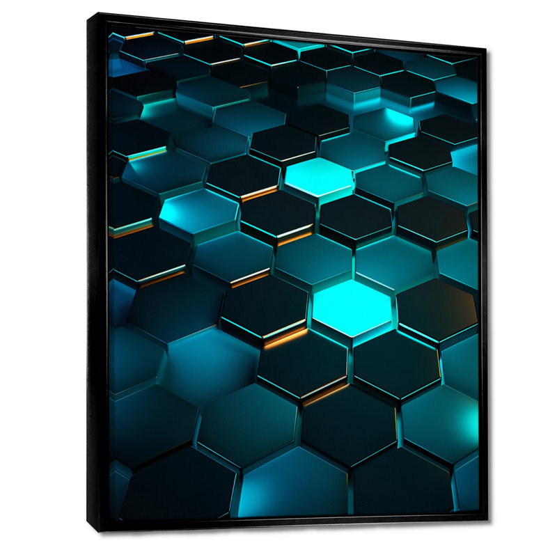Motif hexagonal turquoise - salon d'art mural géométrique, Toile avec cadre flottant noir, H 40 po x l 30 po x P 1,5 po
