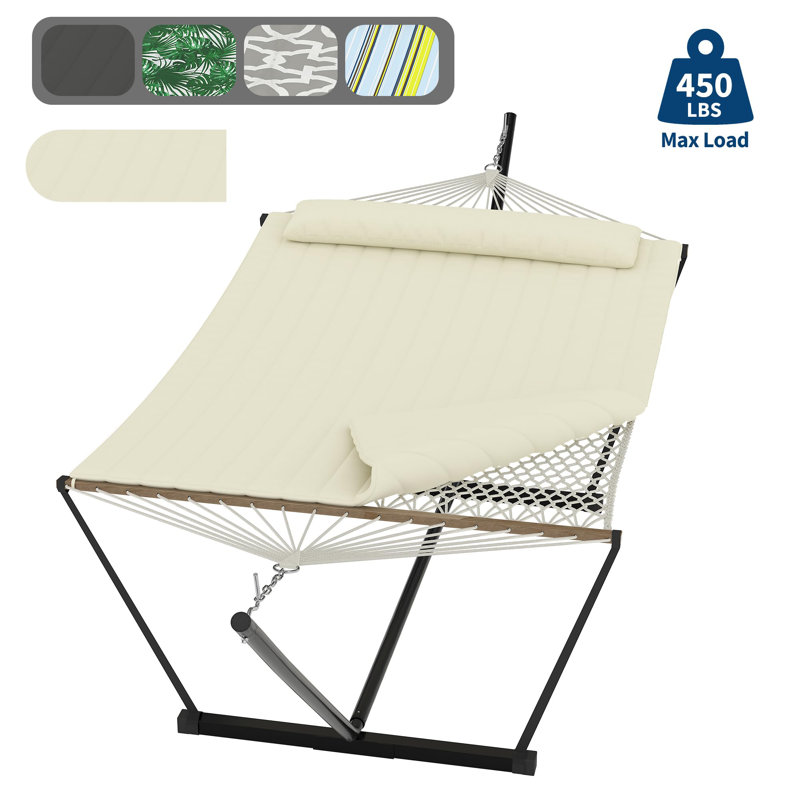 2-Person Outdoor Hammock with Iron Frame Stand, Portable and Lightweight, 475Lb Capacity, Durable Polyester Net Bag and Quilted Cotton Rope Cushion, Perfect for Garden, Camping, and Relaxation