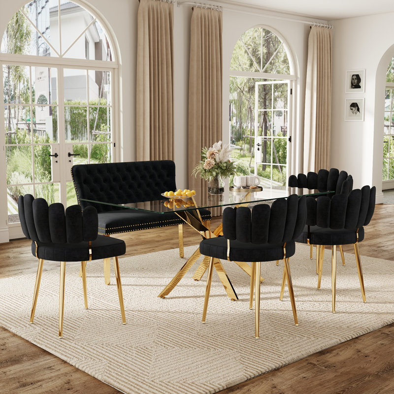 Ensemble de table de salle à manger en verre Baltimore, table de cuisine moderne en verre et chaises en velours, ensemble de table de salle à manger avec banc en velours pour la cuisine, les maisons et les appartements