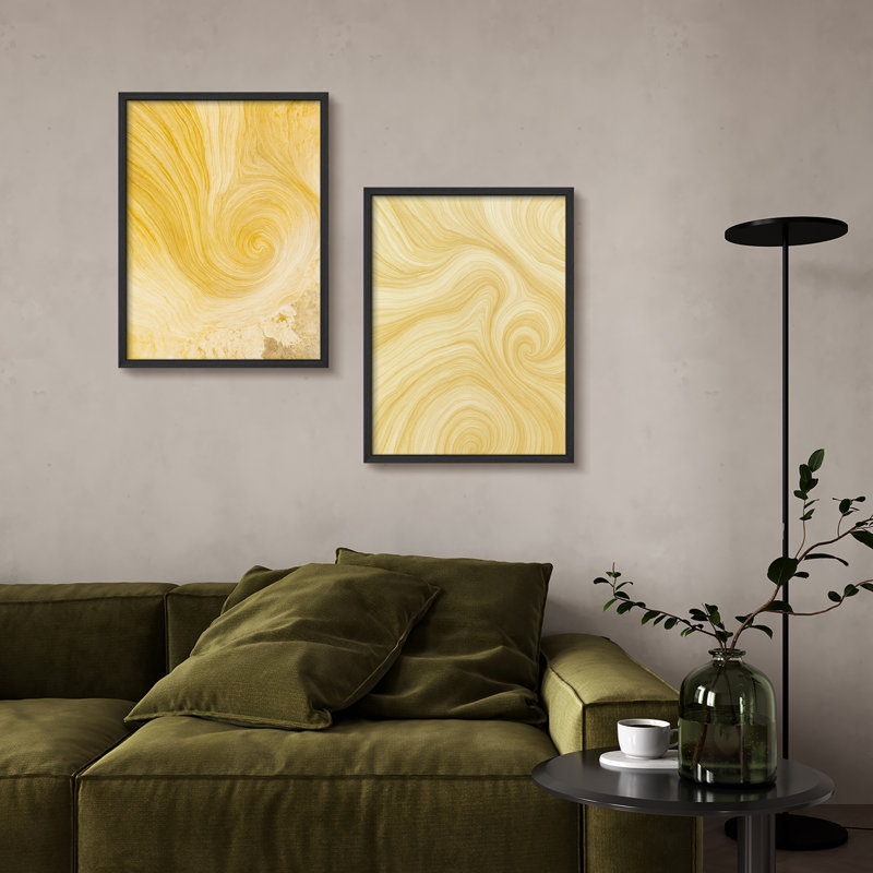 «Yellow Swirl», ensemble de 2 reproductions d'art murales abstraites encadrées pour le salon ou le bureau, H 14 po x l 22 po