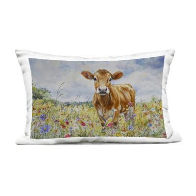 Jersey Cow in Meadow Outdoor Printed Pillow design by Franklyn Gregory