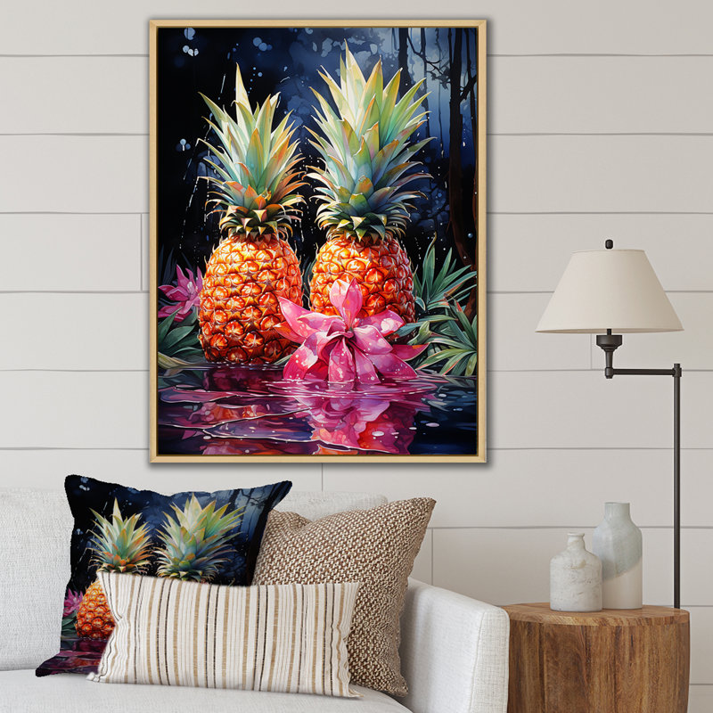 Nectar néon ananas sur toile, H 32 po x l 16 po x P 1 po, Cadre naturel flottant