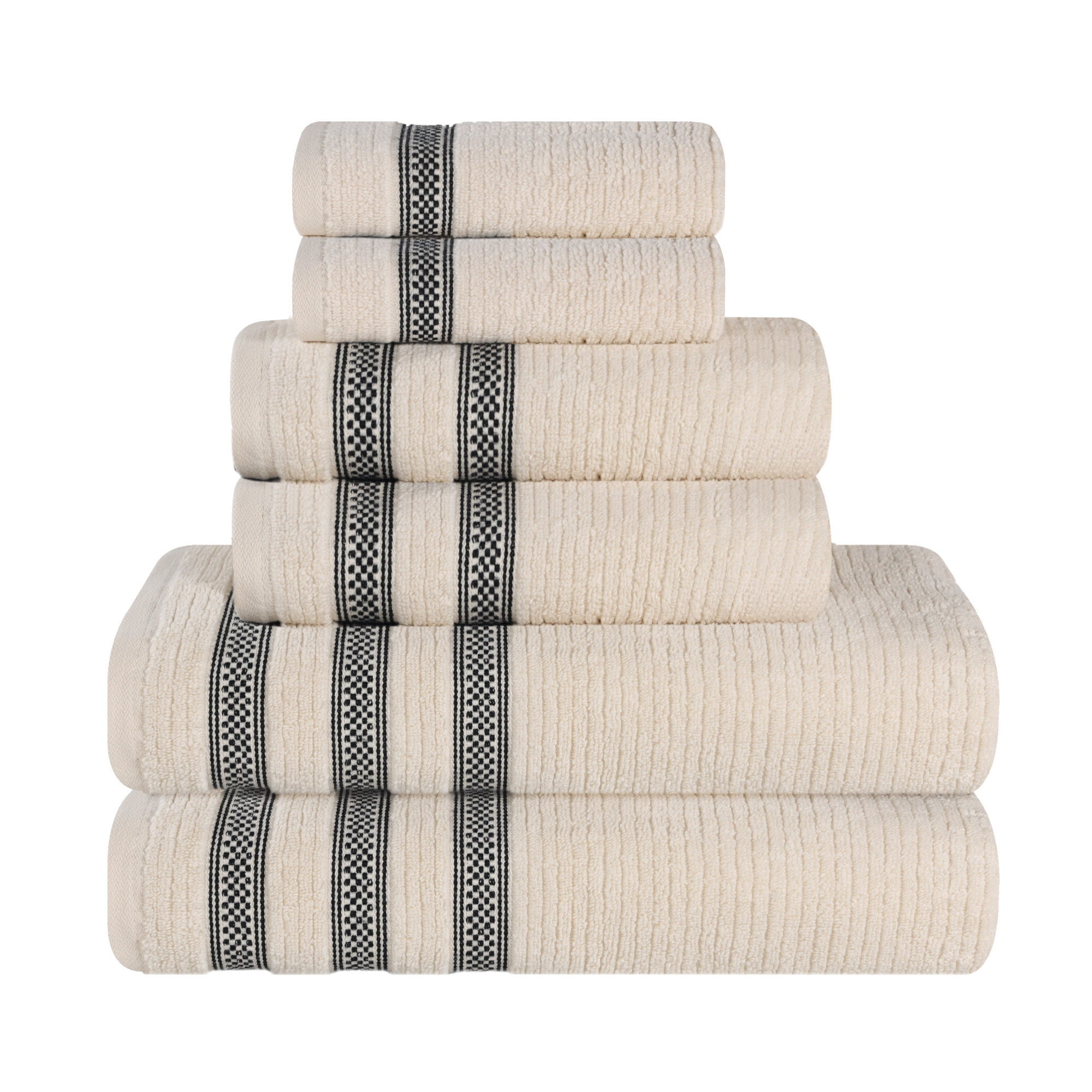 Ilseruth Zero Twist Cotton Ribbed Modern Geometric Border Soft 6 Piece Bathroom Towel Set, Ivory