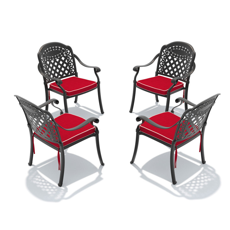 Chaise de patio en fonte d'aluminium 4 pièces avec cadre noir et coussins rouges, 4